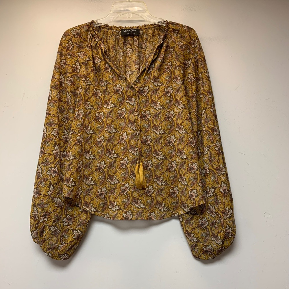 MINKPINK Blouse Womens Medium Mustard Yellow Excellent Paisley Boho‎ Tassel Top